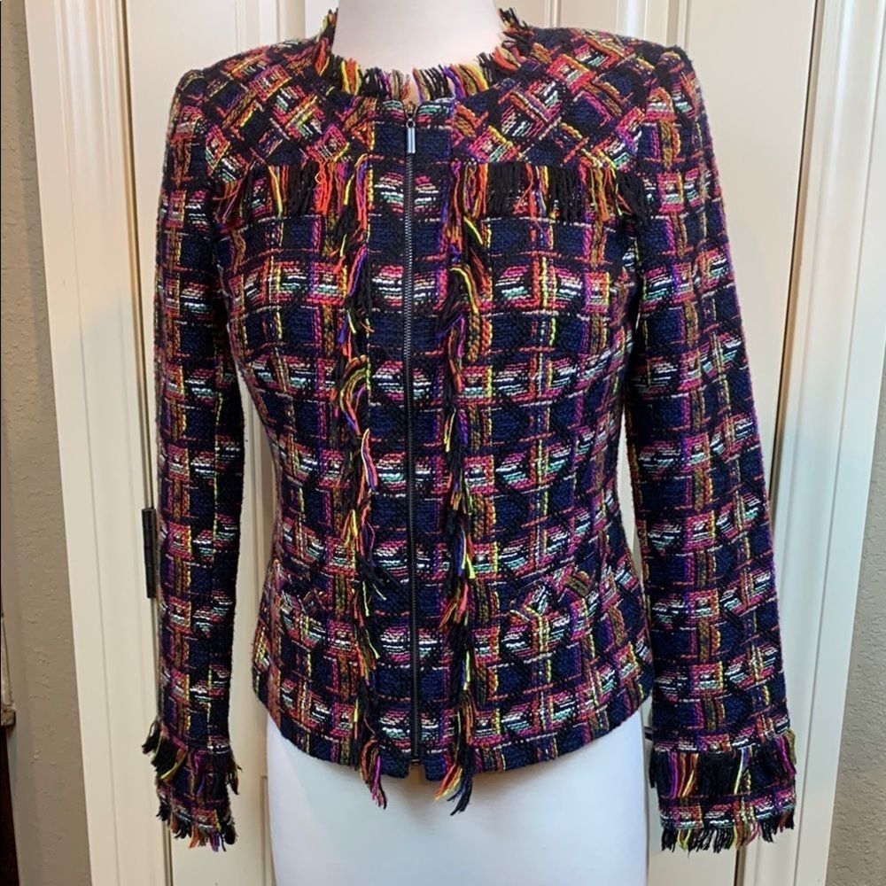 Unique Trina Turk Multicolored woven Jacket with fringe embellishment, Size 2